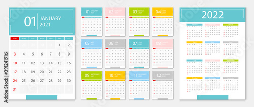 Calendar 2021, calendar 2022 week start Sunday corporate design template vector.