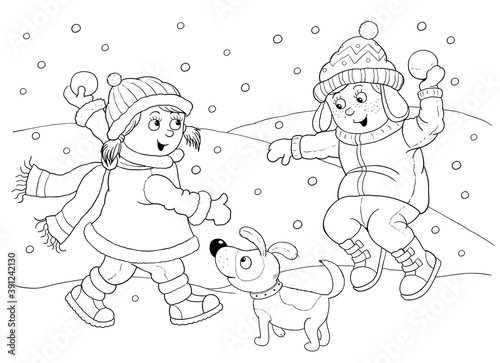 Winter. Cute boy and girl playing outdoors. Illustration for children. Coloring page. Cute and funny cartoon characters