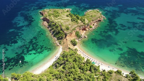 Aerial drone video of paradise beaches in Kokinokastro area with crystal clear turquoise sea, Alonissos island, Sporades, Greece  photo