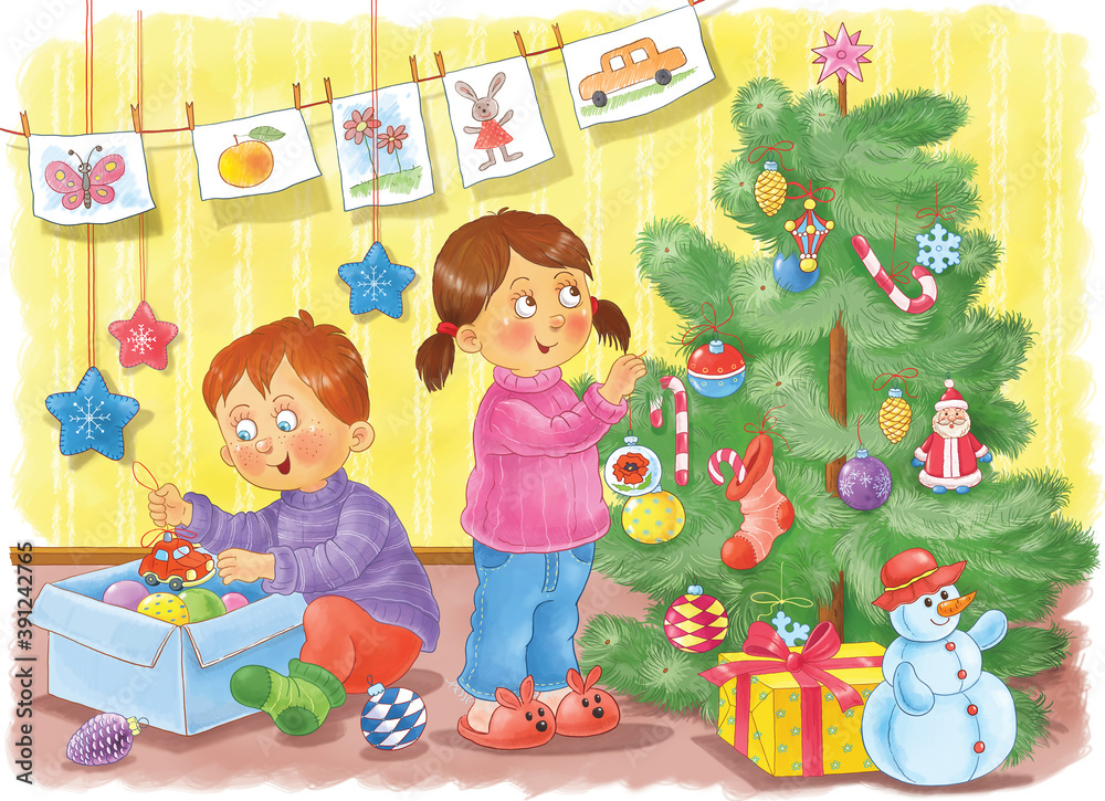 Obraz premium Winter. Cute boy and girl decorating Christmas tree.. Illustration for children. Coloring page. Cute and funny cartoon characters