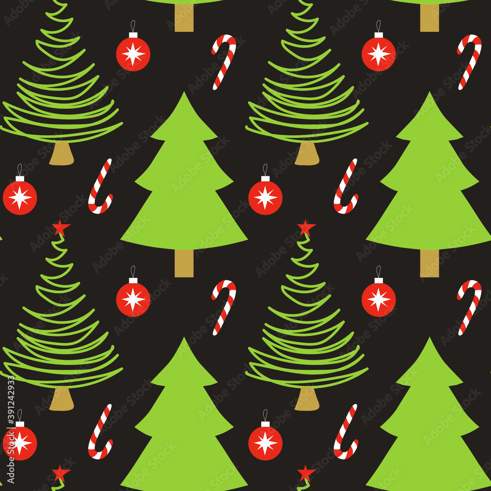 Christmas seamless pattern with hand drawn lollipops, balls, christmas trees. Repeating background for wrapping paper, fabric, stationary products decoration.