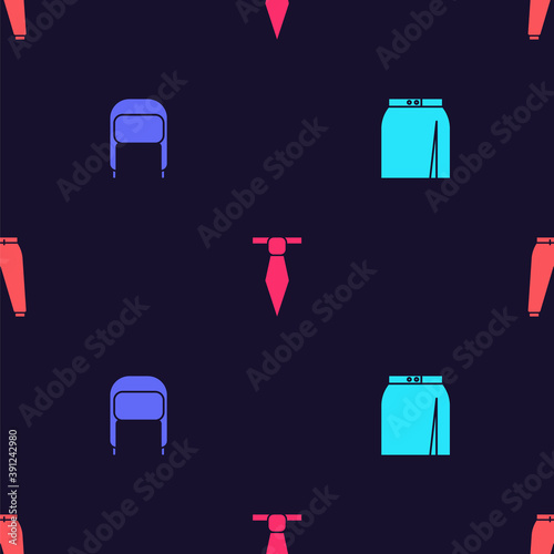 Set Skirt, Winter hat with ear flaps, Tie and Sport pants on seamless pattern. Vector.