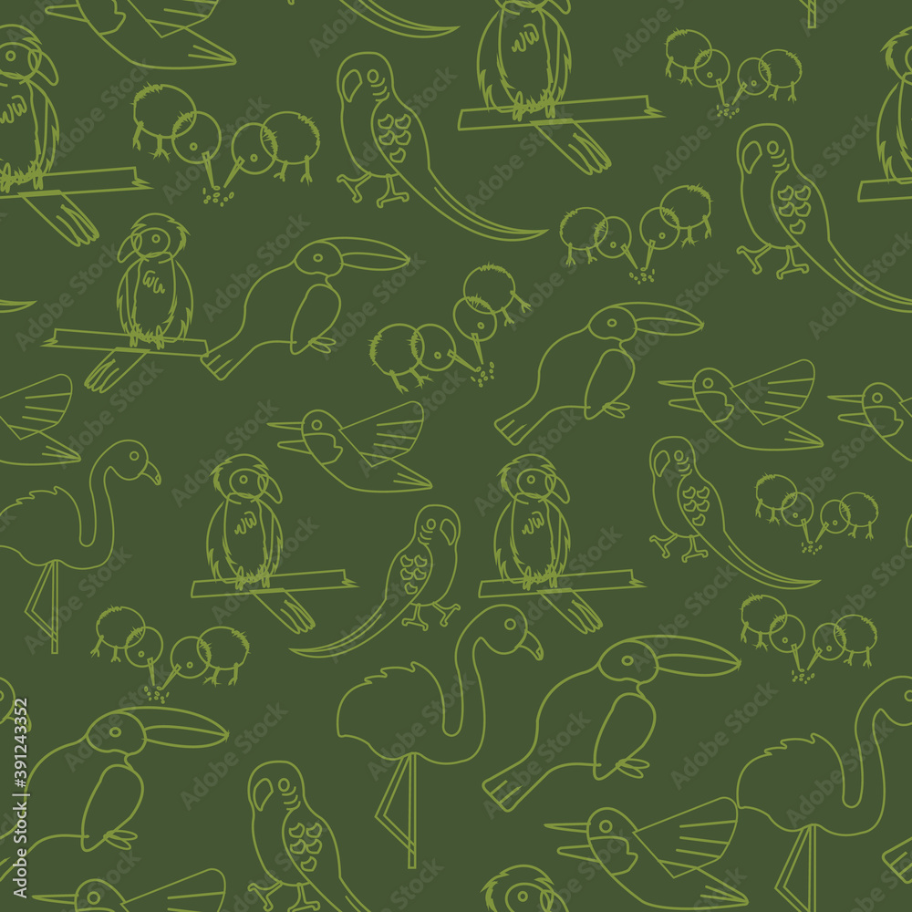 Kawaii hand drawn exotic birds repeat pattern print