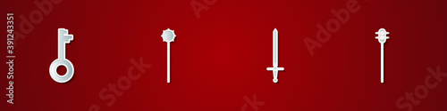 Set Old key, Medieval chained mace ball, sword and icon. Vector.