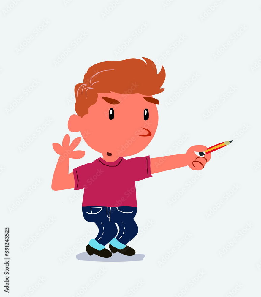 cartoon character of little boy on jeans doubts while pointing to the side with a pencil cartoon character of little boy on jeans doubts while pointing to the side with a pencil