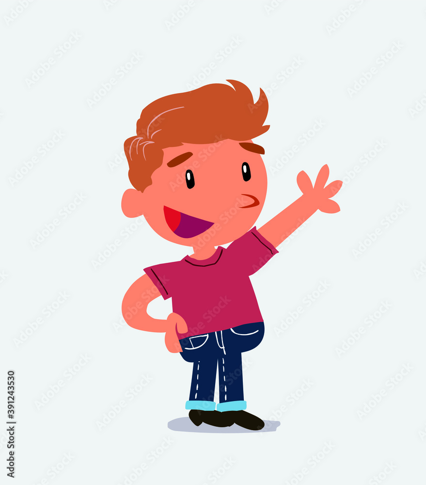  cartoon character of little boy on jeans explaining something while pointing