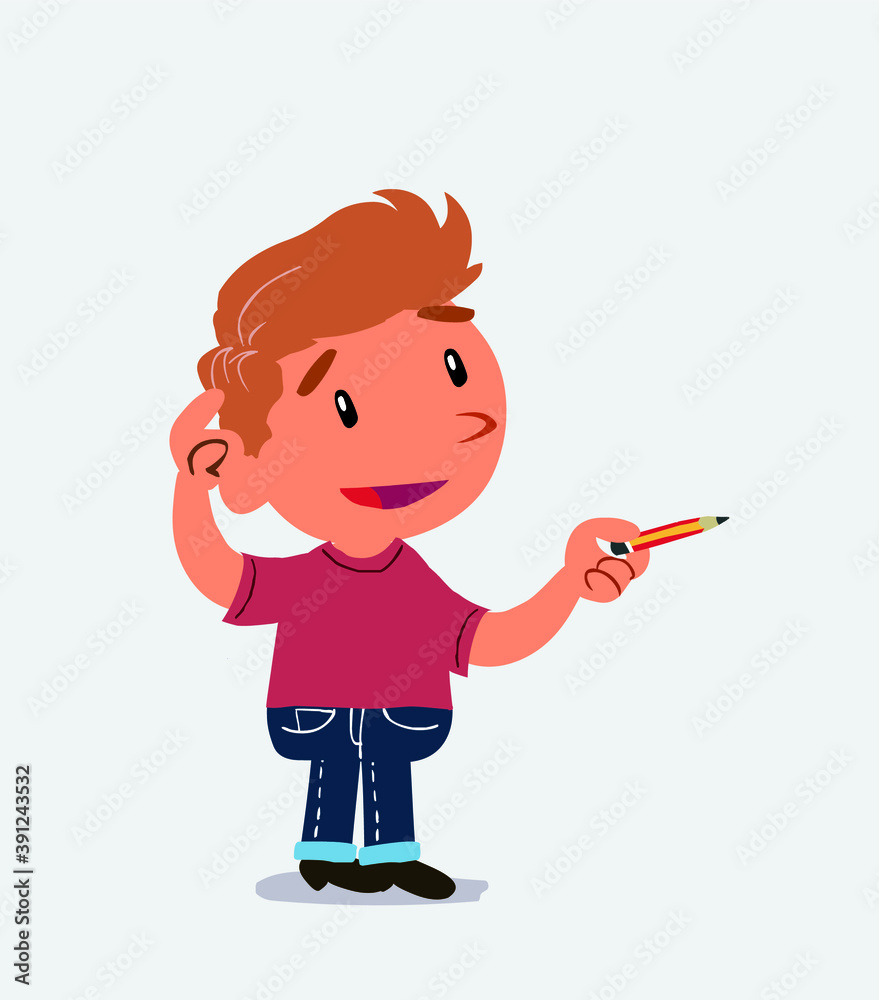 cartoon character of little boy on jeans doubts while pointing with a pencil. cartoon character of little boy on jeans doubts while pointing with a pencil.