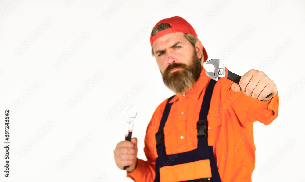 Wrench tool. Decent choice for all around versatility. Mechanic with spanner. Man hold wrench tools white background. Wrench tool fixing tightening details. Fix car. Service and engineering concept
