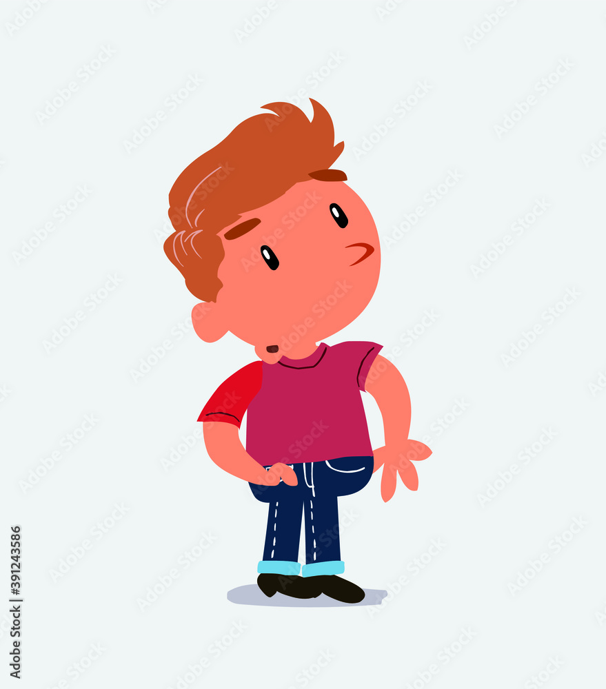 cartoon character of little boy on jeans looks with doubt and somewhat surprised