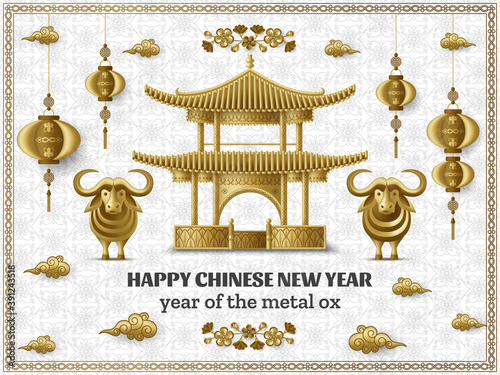 Happy Chinese New Year background with beautiful pagoda, creative golden metal ox, hanging lanterns
