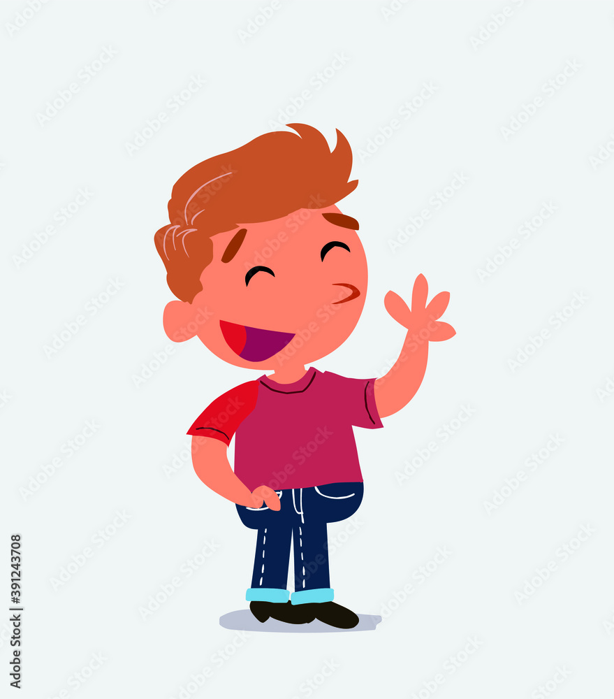 cartoon character of little boy on jeans waving informally while smiling