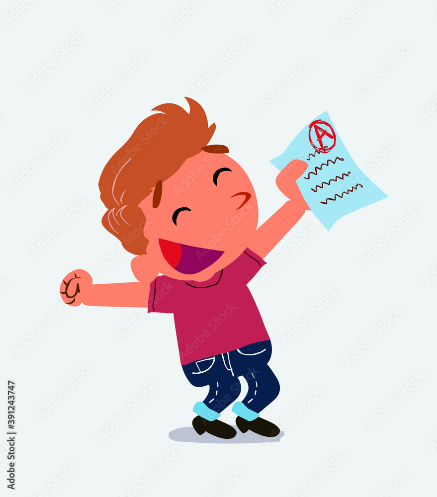 euphoric cartoon character of little boy on jeans raises his arms with exam in hand euphoric cartoon character of little boy on jeans raises his arms with exam in hand