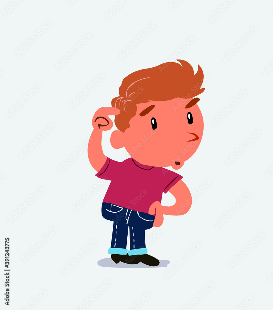 funny cartoon character of little boy on jeans doubting. funny cartoon character of little boy on jeans doubting.