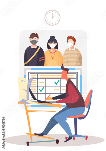 Coronavirus unemployment. Jobless from covid 19 people using face mask. The man writes down the number of sick. The guy with the laptop sums up the statistics of patients affected by the virus