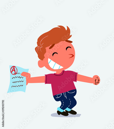 happy cartoon character of little boy on jeans rejoices with exam in hand
