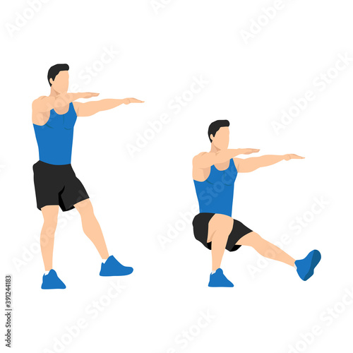 Man doing Single leg squat. Pistol squats exercise. Flat vector illustration isolated on white background. Workout character set photo