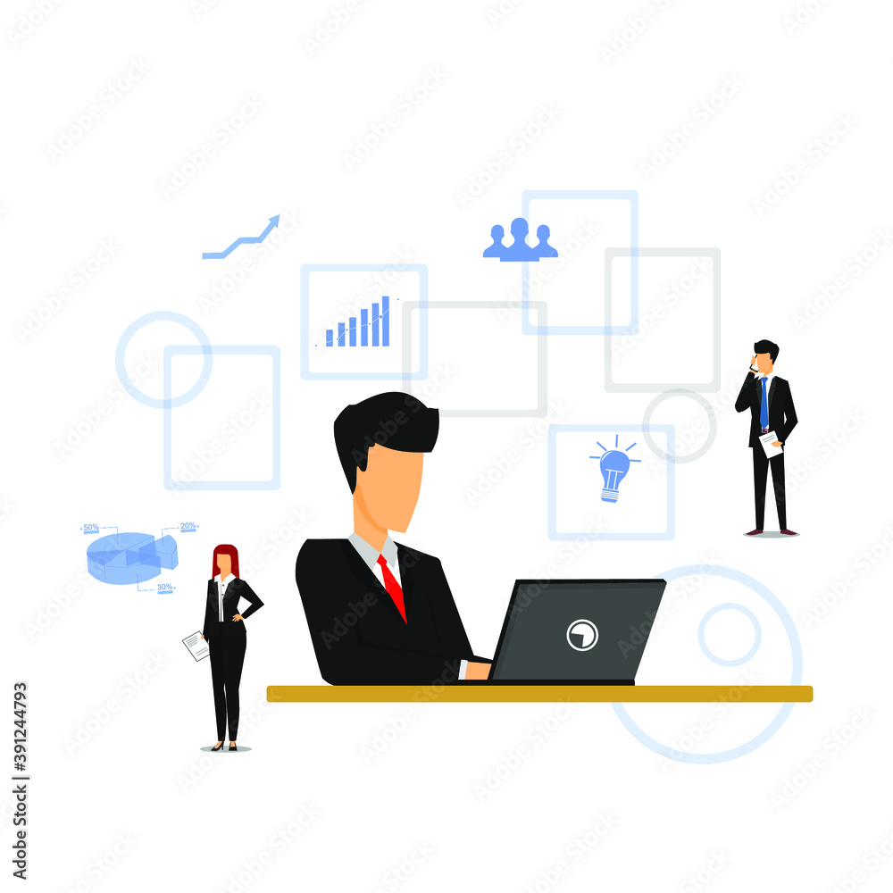 business man using a laptop and various icons around it business man using a laptop and various icons around it
