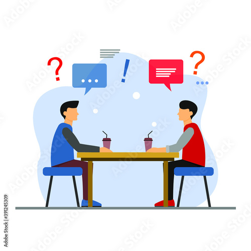 two men discussing and various chat icons on it