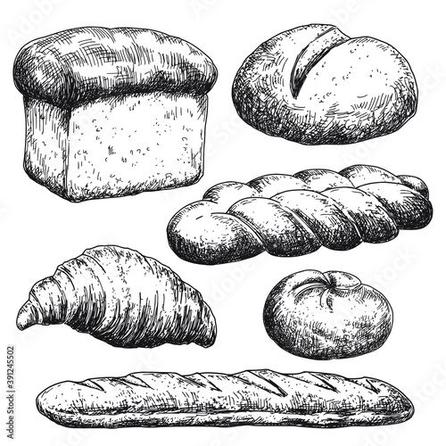Hand drawn bread and bakery staff, black and white draft sketch isolated on white background. Vintage vector food illustration.	