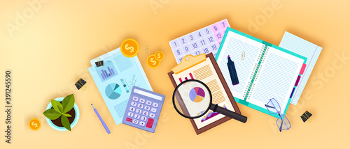 Financial audit business vector illustration with flat lay documents,magnifier, calculator, glasses.Tax report or risk analysis accounting concept with coins, graphs.Financial audit cartoon background