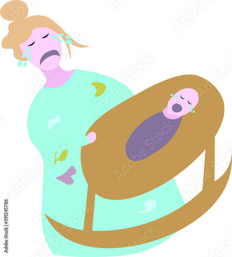 Postpartum or postnatal depression, baby blues, sad tired crying woman and crying baby. Flat vector illustration, isolated on white.