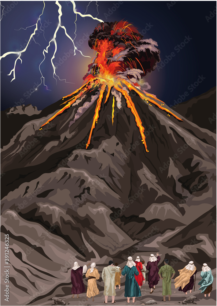 Fototapeta Illustration of the glory of the Lord over Mount Sinai as described in Exodus 19. Thunder, lightning, thick cloud and fire over the mountain as the ancient Israelites watch on.