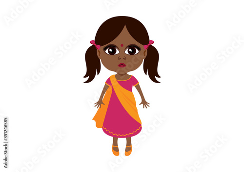 Cute little indian girl in traditional dress icon vector. Adorable indian baby girl in sari vector. Beautiful little ethnic girl icon isolated on a white background. Little girl with big brown eyes