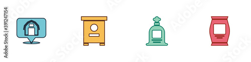 Set Location farm house, Hive for bees, Full sack and Fertilizer bag icon. Vector.