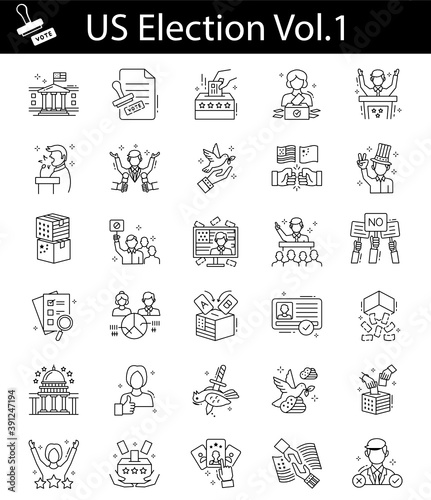 US Politics vector Icons set,  Elements to promote voter participation in future United States elections symbol on white background,  2020 USA presidential elections illlustration