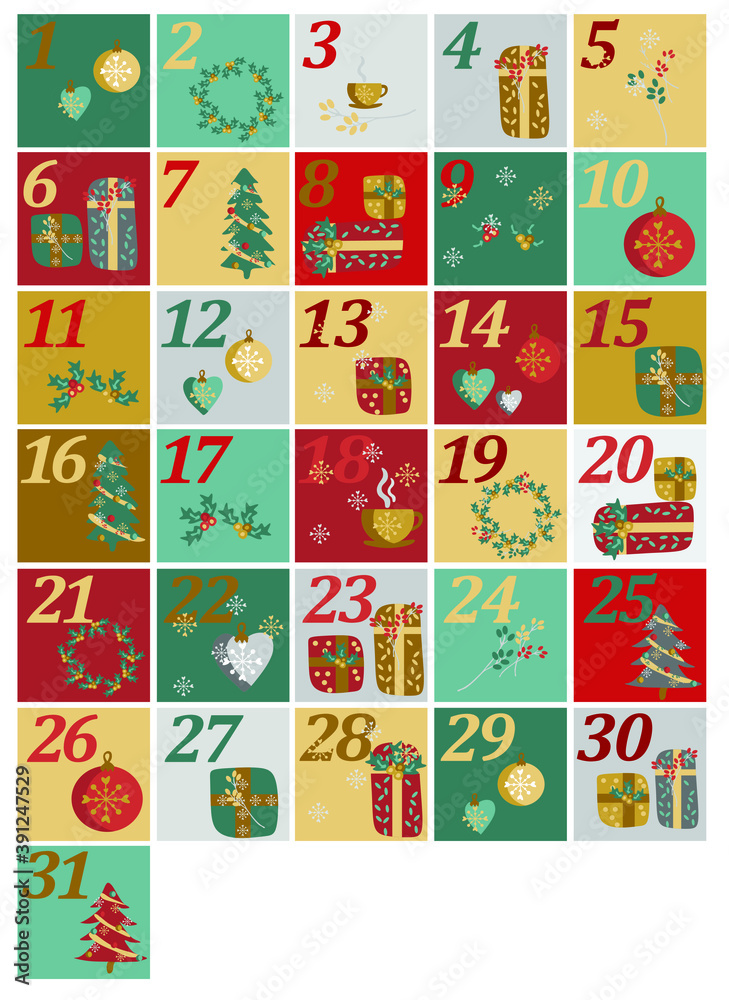 holiday advent calendar. winter illustration in flat style