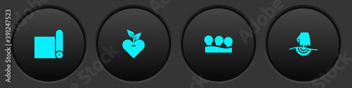 Set Fitness mat roll, Heart, Vacuum cans and Massage icon. Vector.