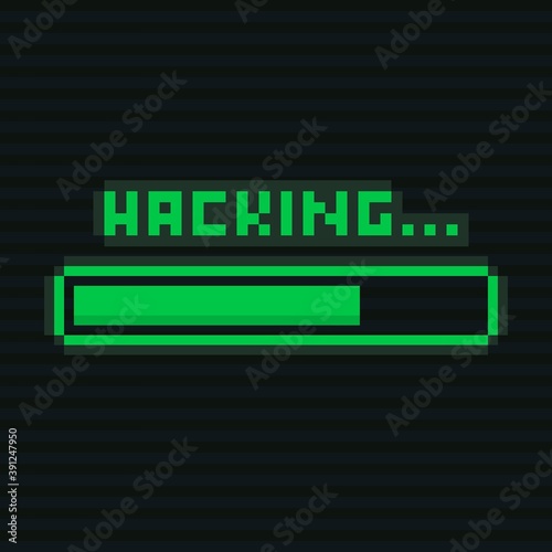 Pixel art 8-bit hacking status bar with green text - editable isolated vector illustration