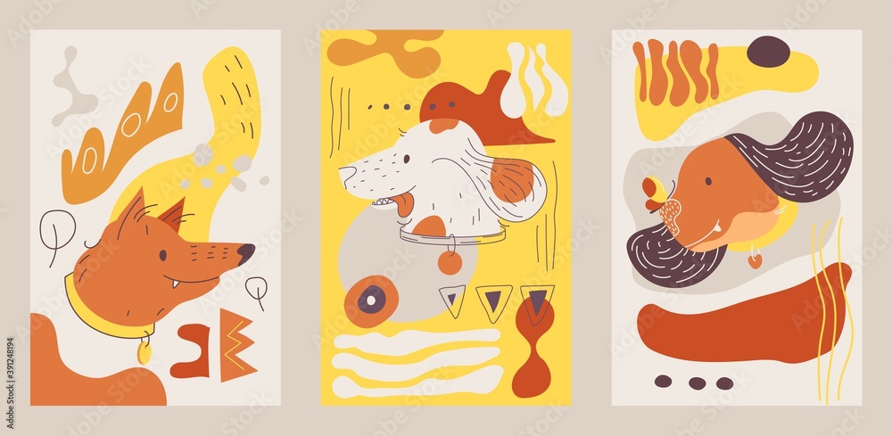 Vector abstract cards with dogs heads and abstract shapes in yellow and ginger colors
