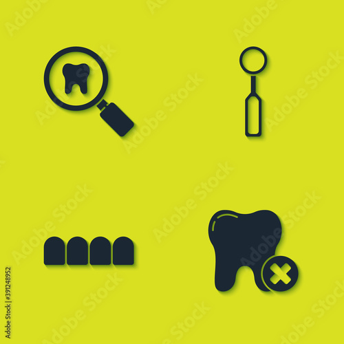 Set Dental search, Tooth with caries, Dentures model and inspection mirror icon. Vector.