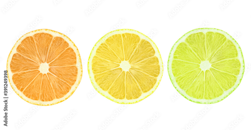 Citrus slices on a white isolated background. Orange, lemon and lime.