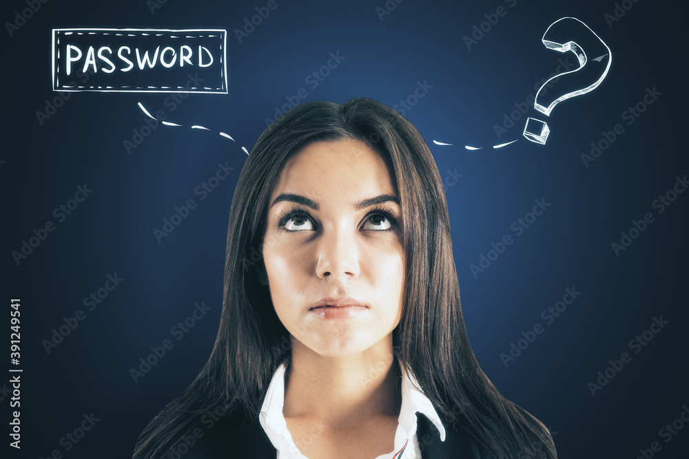 Businesswoman with drawing question mark and password text. Businesswoman with drawing question mark and password text.