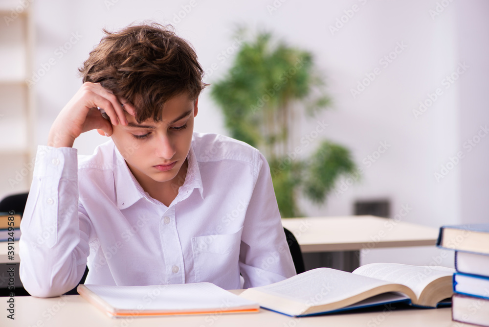 Schoolboy preparing for exams in the classroom Schoolboy preparing for exams in the classroom