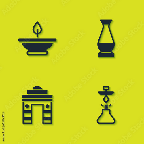 Set Aroma lamp, Hookah, India Gate in Delhi and Indian vase icon. Vector.