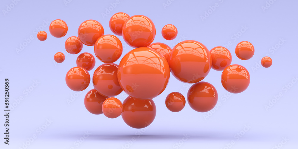 Naklejka Falling orange balls in the blue background. 3d render illustration for advertising.