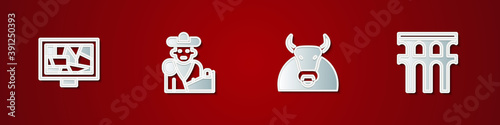 Set Picture art, Bullfight, matador, and Aqueduct of Segovia icon. Vector.