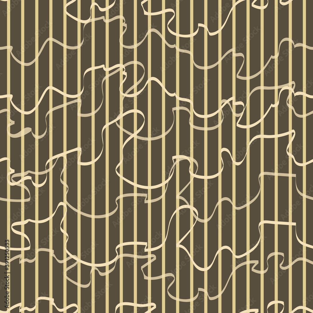 Festive Abstract Striped olive colored vector seamless pattern. Vertical stripes and Curly ribbons on green background. Elegance template for design, wallpaper, textile, ceramics.