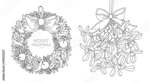 Christmas wreath and mistletoe with bow. Ribbons, pine tree branch, forest holly berry, apple fruit. Vector hand drawn artwork. Holiday concept. Coloring book page for adults, kids. Black and white