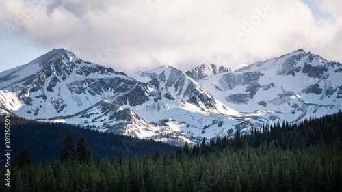 Iconic Canadian alpine landscape - snow-capped mountains and coniferous forest  on an early morning.