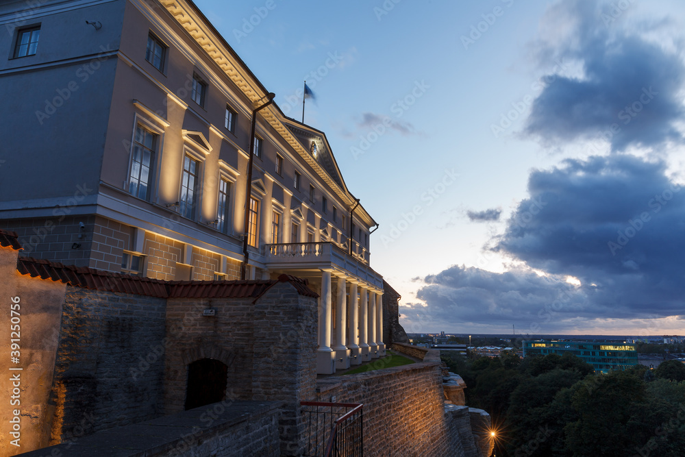 The government house. Evening top view of night Tallinn, Estonia.