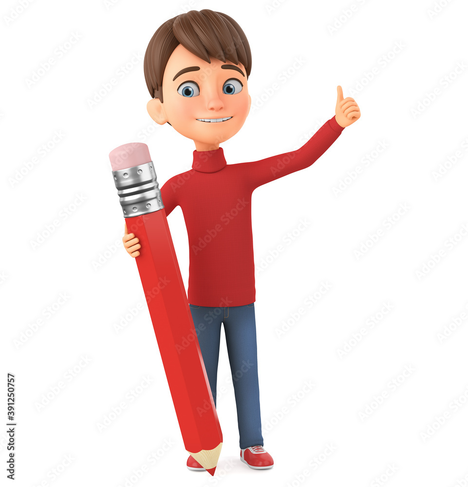 Cartoon character smiling boy in winter clothes showing thumbs up and holding a pencil on white isolated background. 3d render illustration. Cartoon character smiling boy in winter clothes showing thumbs up and holding a pencil on white isolated background. 3d render illustration.