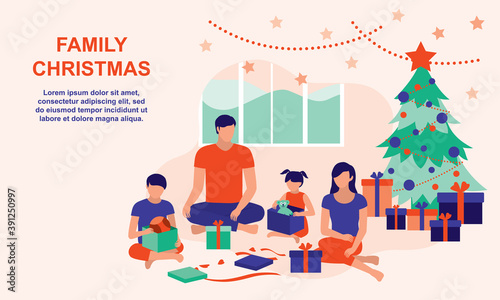 Family Opening Christmas Present Together At Home. Full Length. Flat Design.