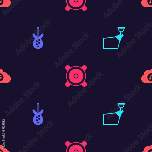 Set Movie spotlight, Electric bass guitar, Stereo speaker and Music streaming service on seamless pattern. Vector.