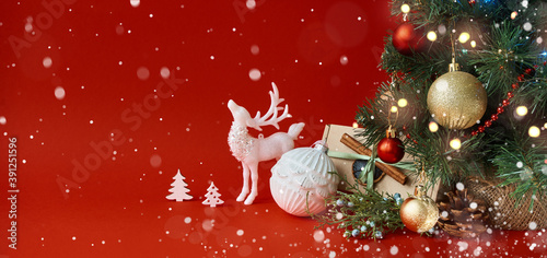 Merry Christmas and Happy New Year greeting card. Xmas holiday red background with copy space for your text