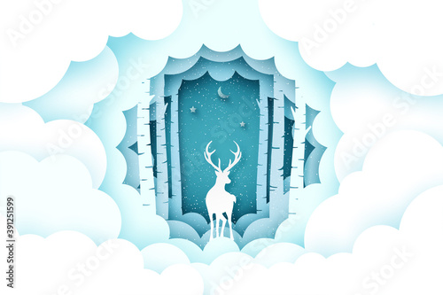Merry Christmas and winter season background.Deer in pine forest with cloud.Paper art vector illustration.
