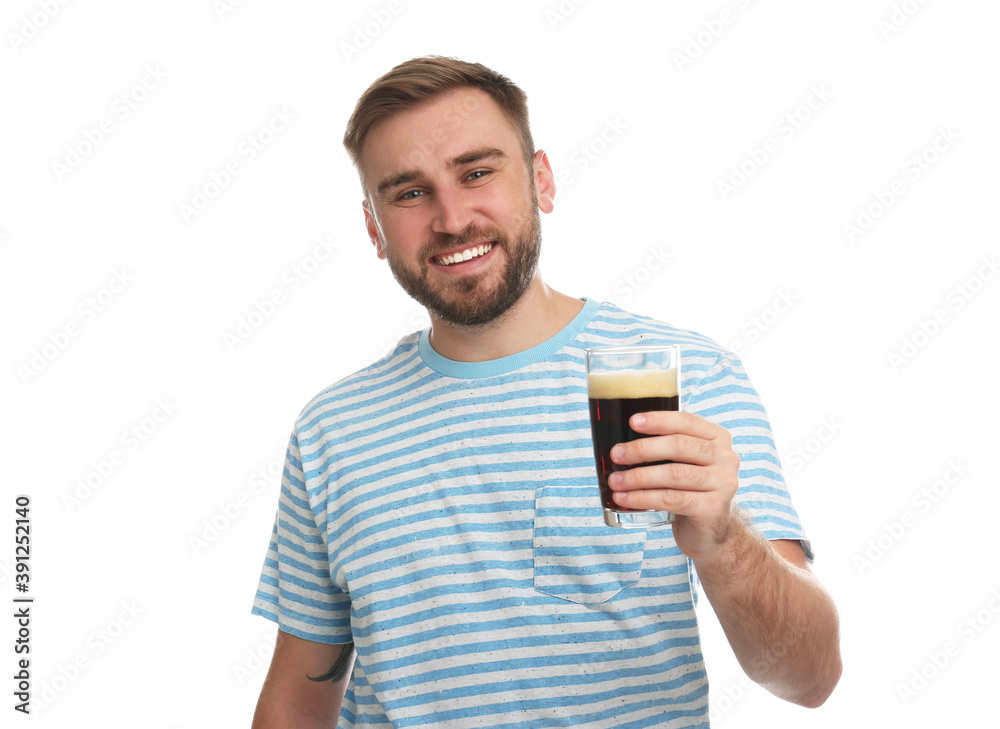 Handsome man with cold kvass on white background. Traditional Russian summer drink Handsome man with cold kvass on white background. Traditional Russian summer drink